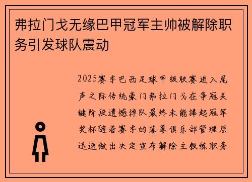 弗拉门戈无缘巴甲冠军主帅被解除职务引发球队震动